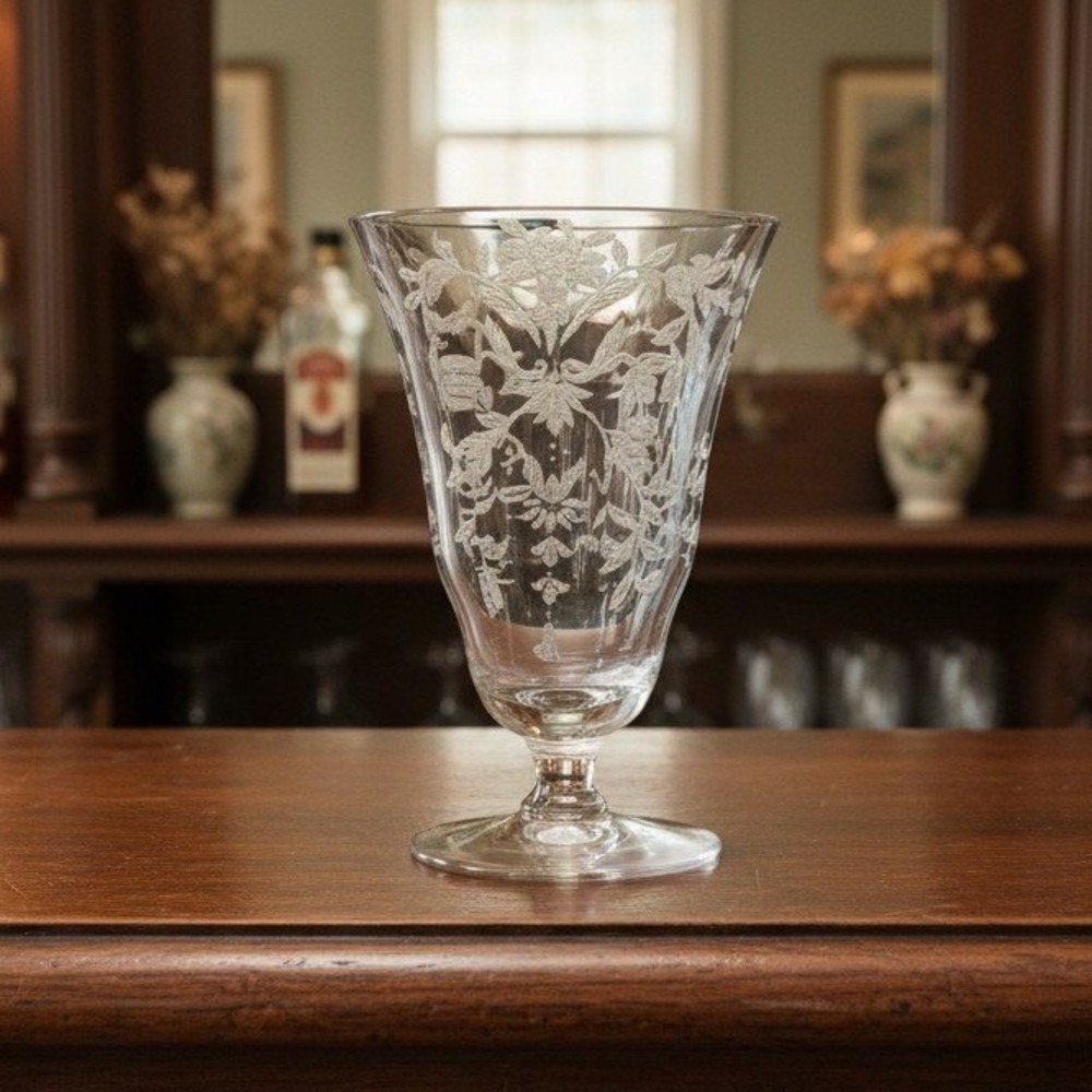 Morgantown Lace Bouquet Iced Tea Glass, Vintage Etched Floral Stemware Drinkware